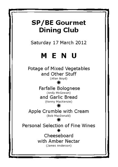 Saturday Night Menu
